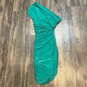 Women Agua Emerald Green Slinky One Shoulder Ruched longline mini Dress Size XS